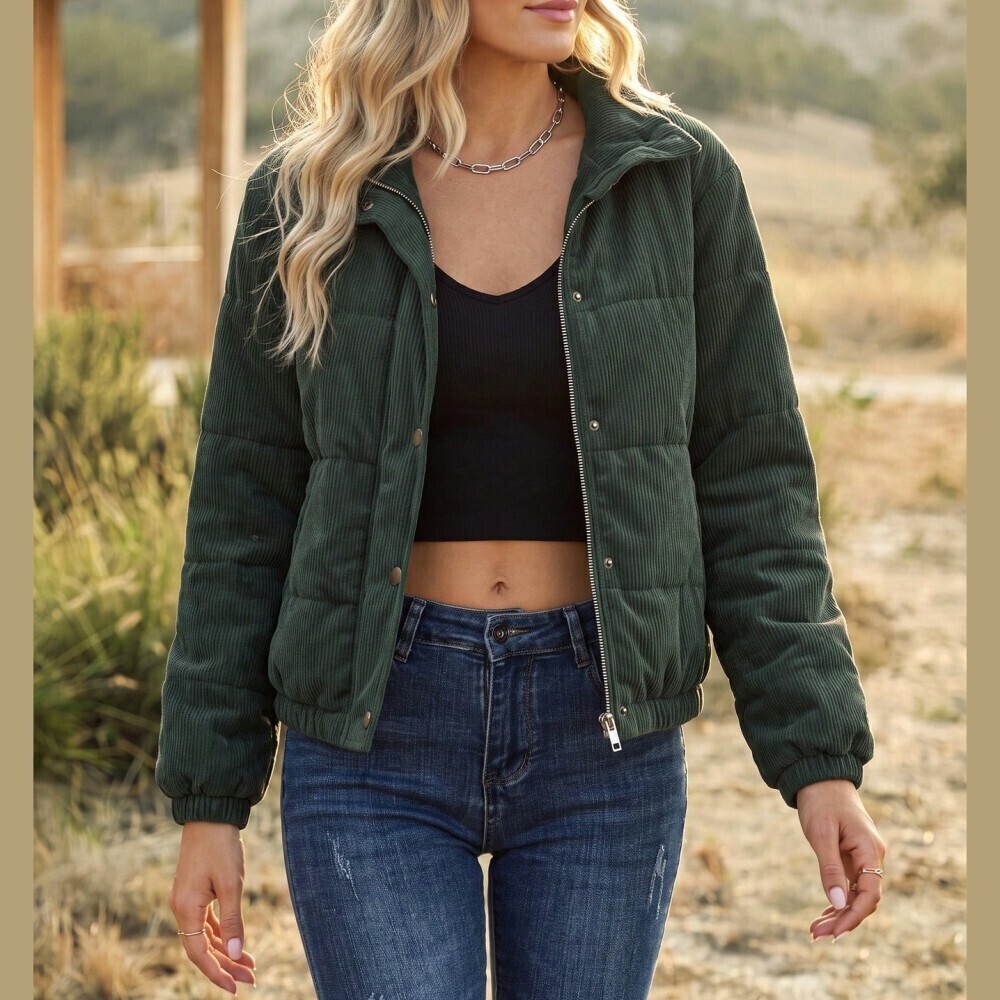 Olive Green Corduroy Puffer Jacket with Funnel Neck